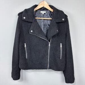 Max Studio Moto Jacket Size M Black Shearling Boucle Faux Fur‎ Teddy Biker Edgy